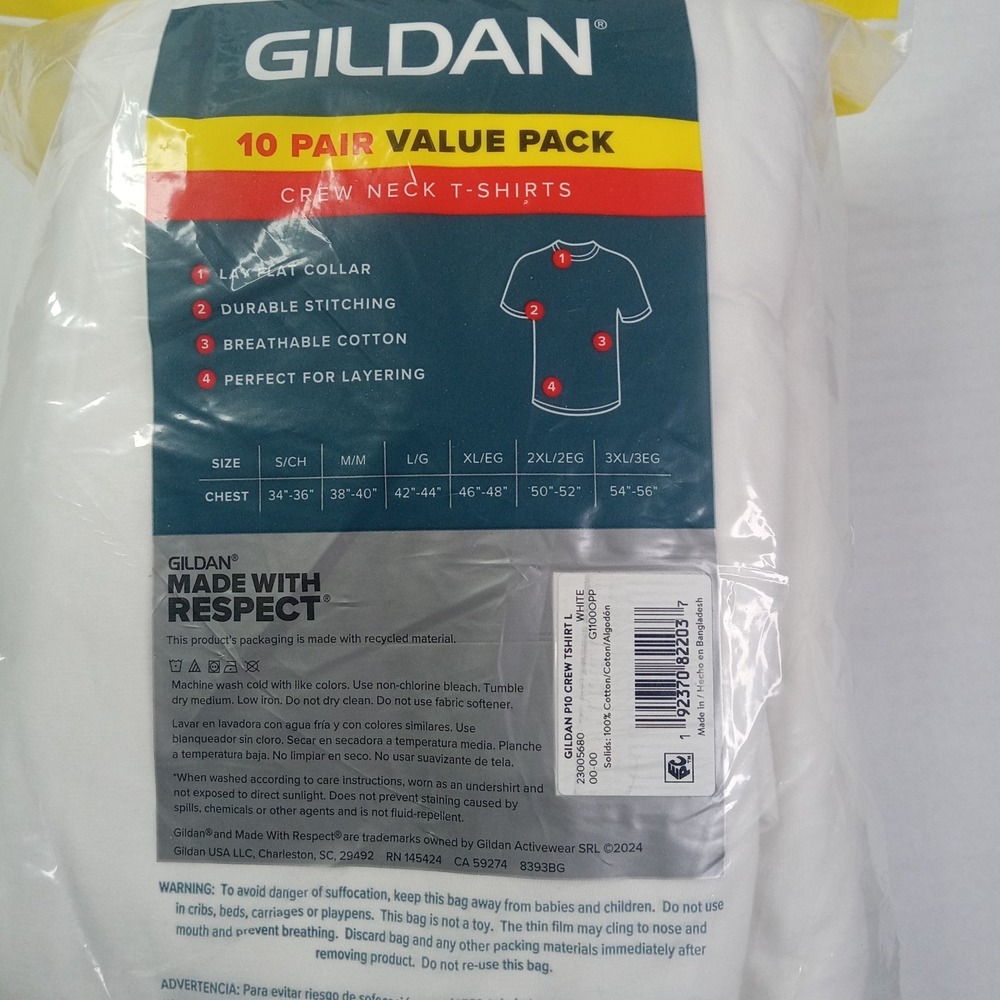 Gildan Men's 10 Pack Short Sleeve Crew T-Shirt Tag-Free White Size L 42-44" NEW - Picture 4 of 5